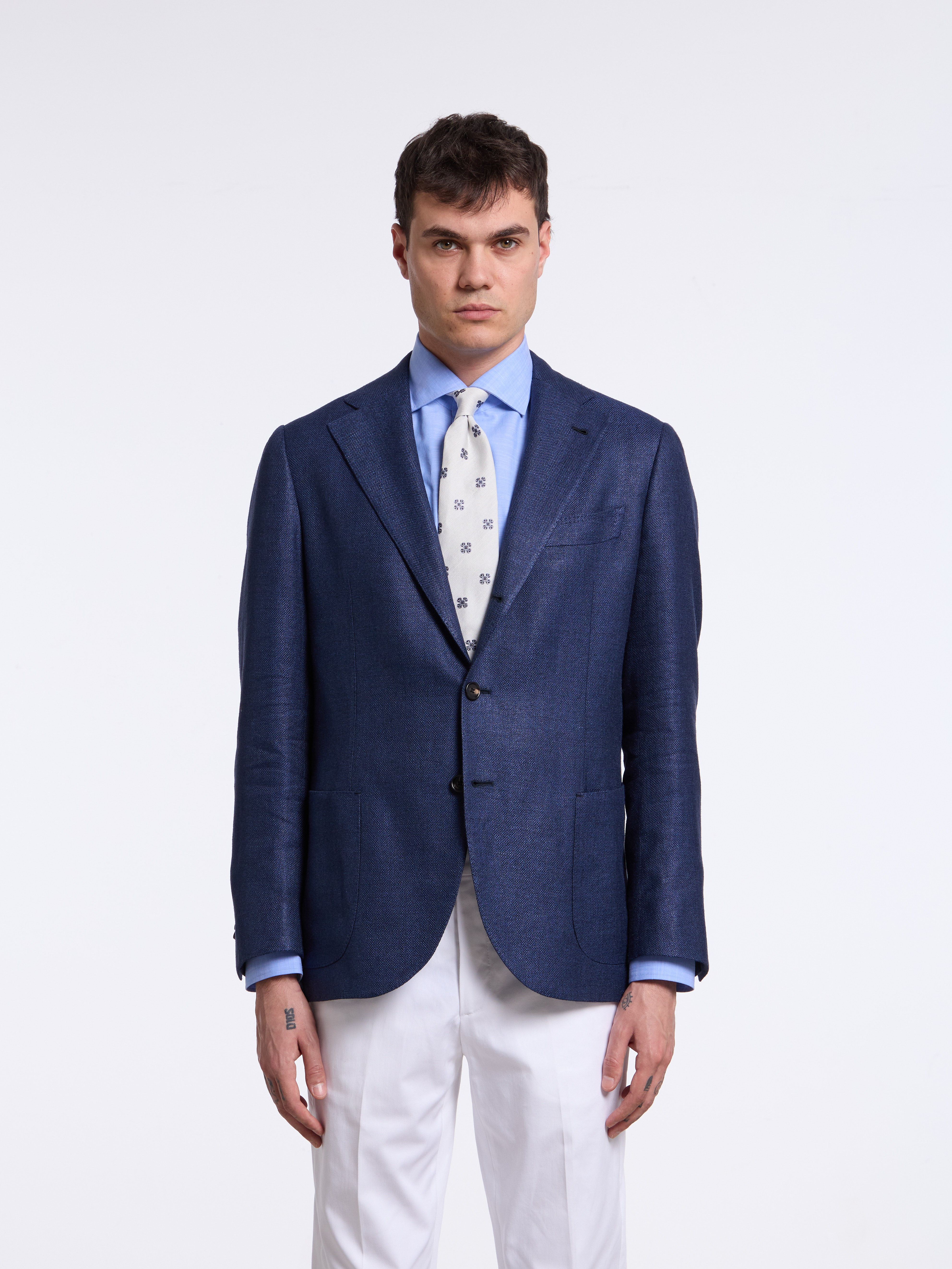 SINGLE-BREASTED LINEN BLEND SOLID COLOR TAILORED JACKET - BLUE